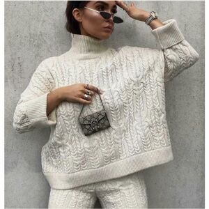 Zara Cream Cable Knit Turtleneck Sweater